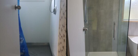 Before and after tiled shower with acrylic base
