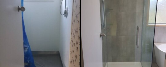 Before and after tiled shower with acrylic base