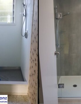 Before and after tiled shower with acrylic base